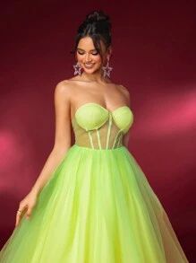 SHEIN Belle Elegant And Vibrant Fluorescent Strapless Bra Cup, With Back Ties And High Waist. Pleated And Fluffy Chiffon Dress, Perfect For Graduation Parties, Afternoon Tea, Gatherings, And Cocktail Parties.