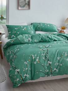 3pcs Plum Blossom Pattern Polyester Printed Duvet Cover Set, Ink Painting Style Bedding Set Pillowcase+Duvet Cover, Suitable For All Seasons - Pastel Green - View 2