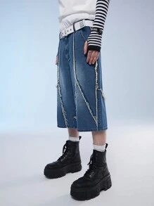 Manfinity Roghcode Men's Casual Denim Shorts With Raw Hem And Patch Pockets, Street Style - Dark Wash - View 6