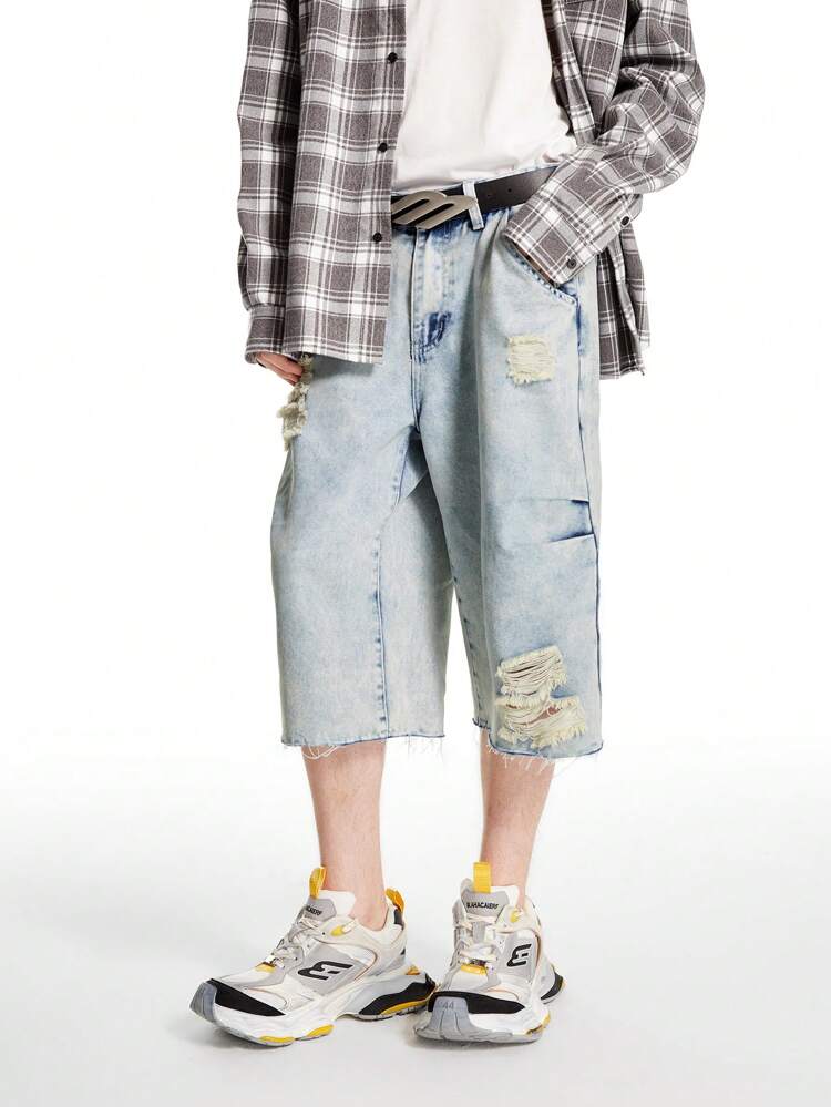 Men's Light Blue Vintage Washed Denim Distressed Loose Fit JORTS Shorts