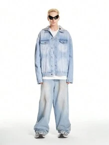 Manfinity Hypemode Men's Light Blue Vintage Distressed Denim Oversized Hooded Jacket - Light Wash - View 9