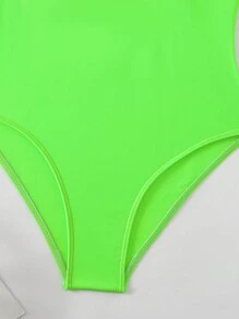 SHEIN Swim 夏季海灘V領編織條紋和印花性感連體泳衣 - 綠色 - 查看 4