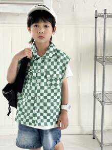 SHEIN 3pcs/Set Young Boy Sporty Preppy Plaid Pocket Sleeveless Jacket,Solid Color Short Sleeve T-Shirt And Denim Shorts,Back-To-School Summer Street Wear - Multicolor - View 5