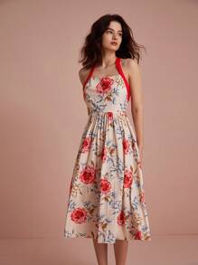 Chiquease Váy in hoa ngẫu nhiên có dây đeo màu tương phản hở lưng trang trí vòng sắt - Nhiều màu - Xem 4