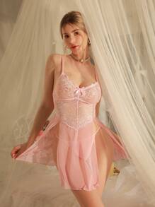 对比色蕾丝网眼娃娃装性感内衣连衣裙配丁字裤