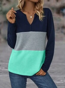 EMERY ROSE Camiseta gráfica de manga larga casual con cuello en pico y contraste de colores para mujer, para primavera y otoño - Multicolor - Ver 4
