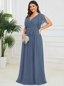 Elegant V-Neck Ruffle Sleeve Floor Length Bridesmaid Dress - Dusty Blue - View 5