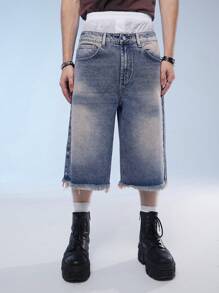 Manfinity Roghcode Quần short denim giản dị cho nam, phong cách đường phố - Rửa tối - Xem 1