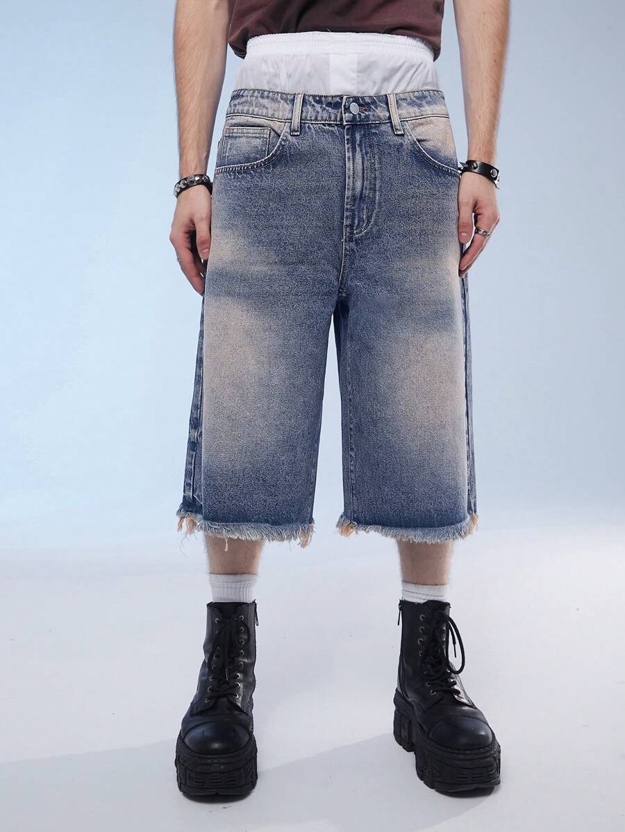 Manfinity Roghcode Quần short denim giản dị cho nam, phong cách đường phố - Rửa tối - Xem 1