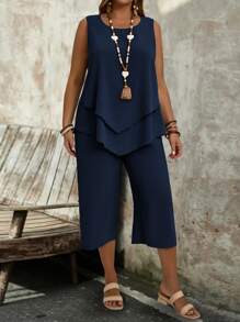 EMERY ROSE Plus Size Women's Simple Navy Blue Sleeveless Top And Seven-Point Pants 2pcs Set - Navy Blue - View 1