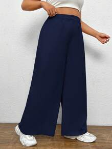 SHEIN EZwear Plus Solid Wide Leg Pants - Navy Blue - View 4