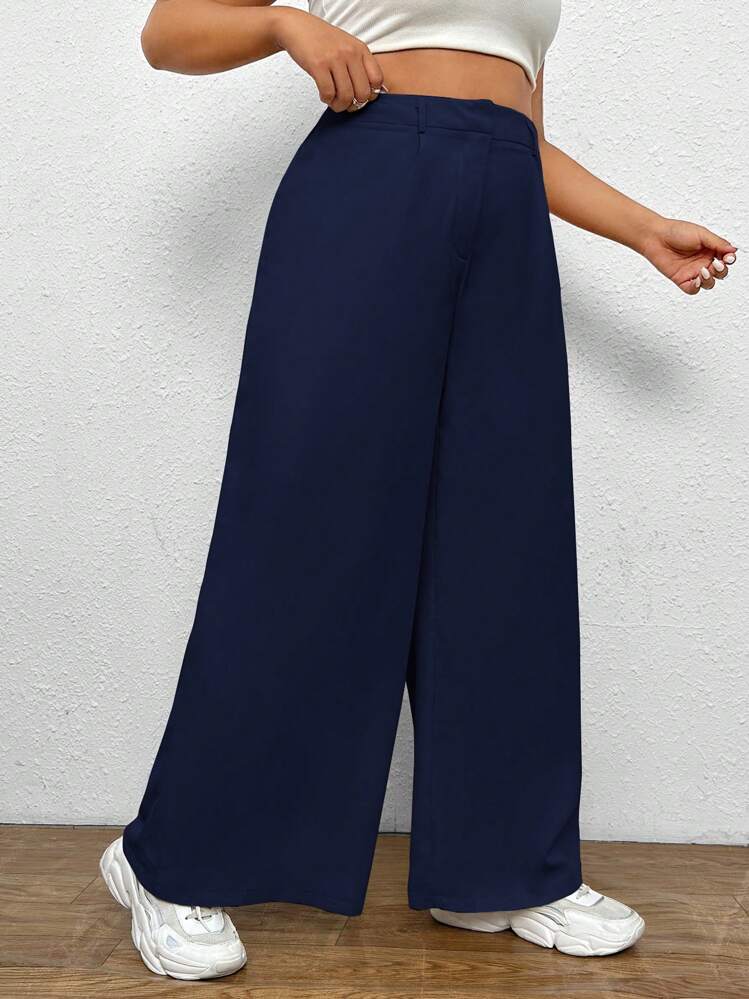 SHEIN EZwear Plus碼實色寬腿褲 - 藏蓝色 - 查看 4