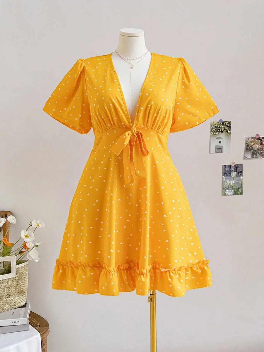Soleia 加大尺碼休閒夏季波點印花束腰連衣裙 - 黃色 - 查看 1
