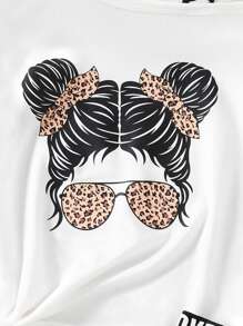 SHEIN 少女角色印花不對稱領口上衣,帶字母細節及豹紋蕾絲裙子套裝