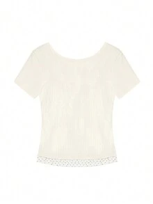 女士蕾絲拼接短袖2合1上衣，修身版型，白色內搭作內衣，時尚潮流 - 杏色 - 查看 2