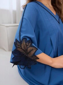 Al Najma 加大撞色蕾丝简约蝙蝠袖连衣裙，全长宽松长款卡夫坦连衣裙，适合春夏季 - 霧霾藍 - 查看 7