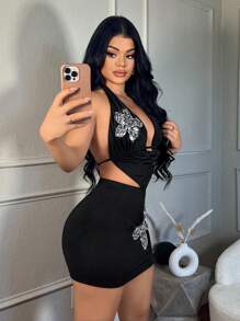 SHEIN SXY 亮片针织垂褶领上衣和裙子，适合约会之夜生日休闲性感秋冬 - 黑色 - 查看 3