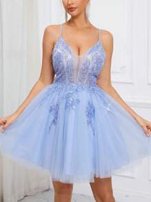 SHEIN Belle Elegant, Romantic And Cute Light Blue Spaghetti Strap Dress Featuring Deep V-Neck, Flowing Powder Mesh Contrast, 3D Glitter Design, High Waist A-Line Silhouette, Full Of Volume Umbrella Hem, Puff Princess And Ballet Style. Perfect For Music Festivals, Beach Vacations, Back-To-School Season, Graduation Season, Dances, Weddings, Receptions, Single Parties, Afternoon Tea, Dates, Gatherings, And Cocktail Parties Prom Semi Formal Wedding Guest Dress, For Birthday, Homecoming