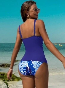 SHEIN Swim 女士夏季沙灘泳衣二件套，隨機印花比基尼，2入組 - 寶藍色 - 查看 2