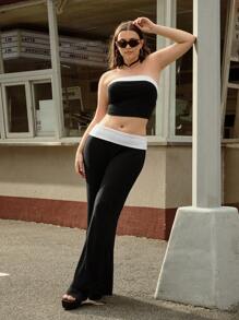 Forever 21 复古学院宽边拼色高弹力修身喇叭裤配紧身裹胸上衣，大码女式 2 件套 - 黑與白 - 查看 2