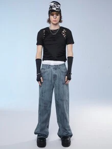 Manfinity Denimwave Men's Fashion Street Style Straight-Leg Denim Jeans With Washed Effect - Dusty Blue - View 3