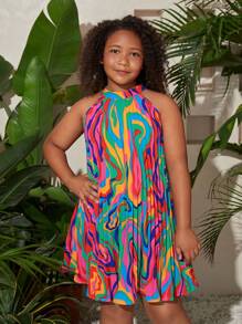 SHEIN Vestido casual sin mangas y holgado con estampado completo y pliegues para niña preadolescente - Multicolor - Ver 3
