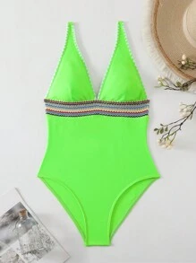 SHEIN Swim 夏季海灘V領編織條紋和印花性感連體泳衣 - 綠色 - 查看 6