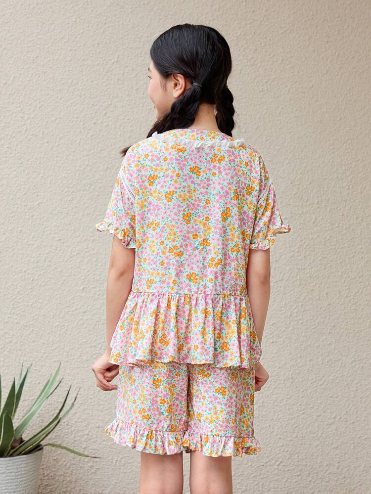 Tween Girl Sweet & Loose Fit Casual Ruffle Hem & Striped Edged Floral Print Shirt And Shorts Set