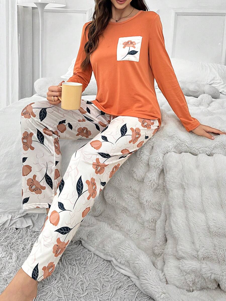 Floral Print Pocket Patched Long Sleeve Tee & Pants PJ Set / Pajama Set, Fall Winter Clothes - Orange - View 1
