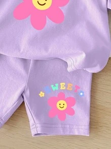SHEIN Bộ đồ bé gái tay ngắn họa tiết hoa đơn giản thường ngày và quần short, phù hợp cho mùa hè màu tím cho bé gái Bộ đồ bé gái mùa hè - Màu tím hoa cà - Xem 4