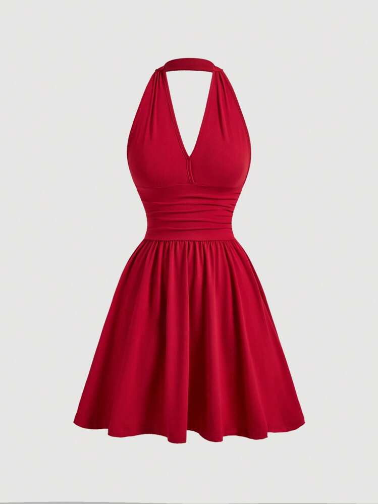 SHEIN MOD Solid Ruched Halter Dress For Summer,Red Halter Neck Backless Mini Dress For Wedding Guest, Party, Cocktail, Date Night, Holiday, Summer, Elegant, Soft Stretch Fabric, Sleeveless, Flared Skirt, Sexy, Youthful, Statement, Fit And Flare, Vibrant Color, Lightweight, Dancing, Romantic, Celebration, Event - Red - View 1