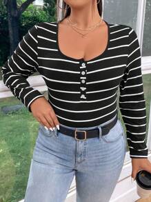 SHEIN Essnce Plus Size Women Buttoned V-Neck Black White Striped Slim Fit Long Sleeve T-Shirt, Casual & Versatile, Daily Wear - Black and White - View 4