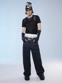 Manfinity Roghcode 男裝純色寬腿拉鍊牛仔褲，帶口袋，街頭風格 - 深色水洗藍 - 查看 3