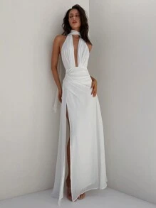 Aloruh Women's Spring/Summer Wedding Season Party Deep V-Neck Backless Halter Chiffon Cinched Waist A-Line Dress,White Graduation Dress - White - View 7