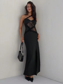 Aloruh 女士优雅浪漫约会派对性感蕾丝针织拼接不对称开衩黑色长裙 - 黑色 - 查看 3