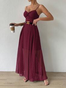 SHEIN Belle 勃艮第红色瑞士圆点扭纹前开衩长款吊带连衣裙 - 酒紅色 - 查看 6