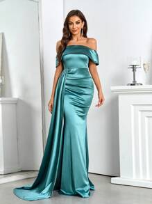SHEIN Belle Dresses Graduation Elegant One-Shoulder High-Waist Open-Back Ribbon Long Dress Bridesmaid Adult Dress Formal Evening Prom Wedding Guest Gown, For Dinner - Teal Blue - View 3