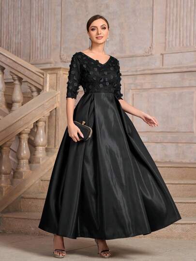 Vestido de noite longo floral preto com decote em V, formal, feminino (pesado), elegante, para formatura, para jantar, para convidados de casamento