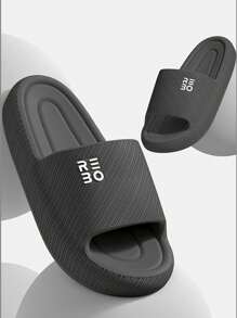 秋冬新款时尚柔软黑色斜纹厚底字母图案EVA材质静音耐磨防滑透气浴室男士居家拖鞋 - 黑色 - 查看 8