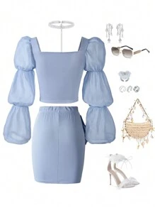 2pcs Teen Girls' Round Neck Lantern Sleeve Top & Tight Ruffle Trim Mini Skirt Set, Summer - Dusty Blue - View 2
