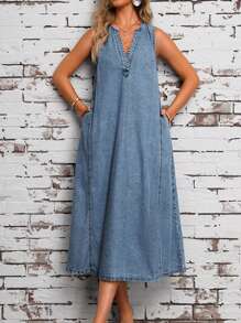 EMERY ROSE 女式夏季無袖寬鬆直筒牛仔連衣裙，V領口設計帶口袋 - 深色水洗藍 - 查看 1