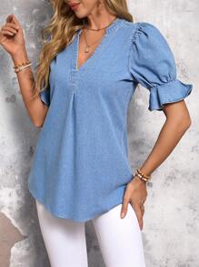 SHEIN LUNE Solid Notched Neck Flounce Sleeve Denim Top For Summer Vacation - Blue - View 8