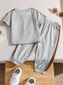 SHEIN 嬰兒男女色塊拼接圓領套頭衫短褲套裝，休閒款式 - 灰色 - 查看 2
