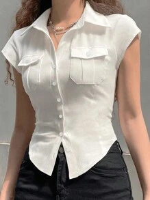 INAWLY 女款夏季休閒實色短袖上衣 - 白色 - 查看 2