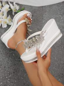 Giày Sandal Đế Xuồng Đế Xuồng Nữ Phong Cách Mới Đính Đá Rhinestone Chống Thấm Nước Lưới Bướm Thời Trang Giày Valentine - trắng - Xem 3