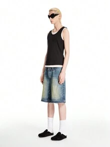 Chillumni Men's Dark Blue Washed Vintage Distressed Loose Denim Shorts - Medium Wash - View 7