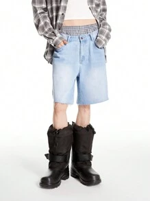 Manfinity Roghcode Pantalones cortos vaqueros sueltos y casuales de lino azul claro para hombre