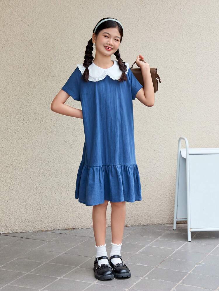 Tween Girl Loose Casual Big Lapel Patchwork Contrast Color Ruffle Hem Mid-Length Dress