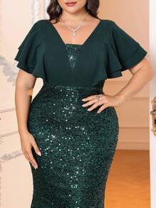 SHEIN Belle Váy cho mẹ phong cách nàng tiên cá thanh lịch cỡ lớn với vải chắp vá sequin màu xanh lá cây đậm, tay áo xếp nếp, phù hợp cho những dịp trang trọng, váy dự tiệc cưới, tốt nghiệp, váy dự tiệc tối - Màu xanh lá cây đậm - Xem 6