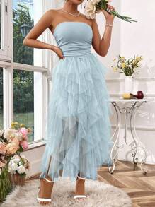 Rafferiza Vestido para Formatura de Verão & Recepção de Casamento, Vestido Longo Feminino Azul de Tule Tomara que Caia - Azul bebê - Visão 3